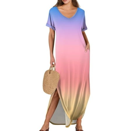 Qwertyu Women S Casual Loose Pocket Long Dress Short Sleeve Gradient Split Maxi Dresses Pink S
