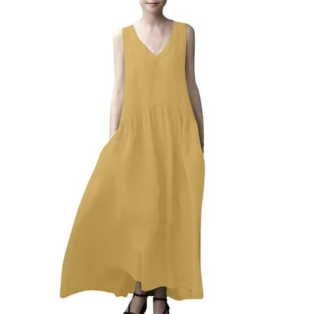 Graduation Dress Fit & Flare V-Neck Sleeveless Tank Dresse Womens Summer Dresses Loose Fit Linen Comfy Solid for Party Yellow L