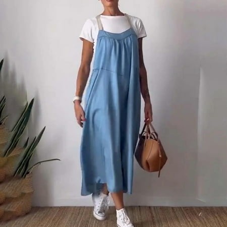 Sundresses for Women 2024 Fit & Flare Crew Neck Sleeveless Boho Dresses Sun Dress Slim Fit Cotton Trendy Solid for Traveling Blue M