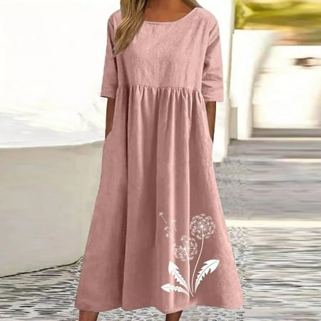 Cyber_Monday Deals! Ganfancp Sundresses for Women 2024 Evening Gown Crew Neck Short Sleeve Floral Dresses Womens Summer Dresses Regular Fit Cotton Tre