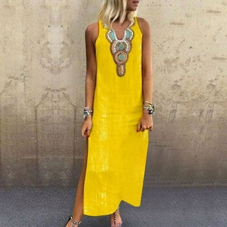 Ganfancp Sundresses for Women 2024 Shirt Dress V-Neck Sleeveless Tank Dresse Womens Summer Outfits Loose Fit Linen Loose Solid for Beach Yellow M Clea