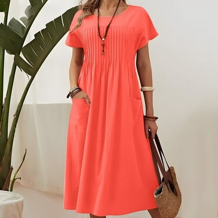 Ganfancp MIDI Dresses for Women Shift Crew Neck Short Sleeve Sundresses Womens Summer Outfits Regular Fit Cotton Casual Solid for Party Red M Clearanc