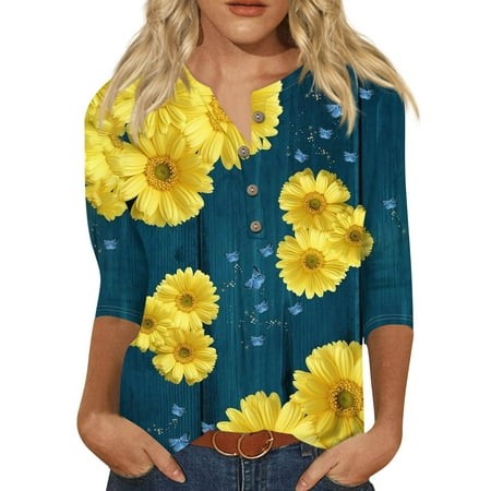 Qwertyu Womens 3/4 Sleeve Summer Tops Sunflower Print Henley Shirts Three Quarter Sleeves Dressy Casual Stylish Cute Blouses Green XL