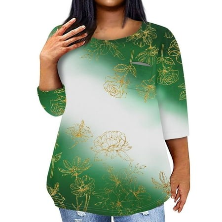 Qwertyu Womens 3/4 Sleeve Summer Tops Floral Print Round Neck Tunic Elbow Sleeves Fashion Stylish Cute Blouses Green 3XL