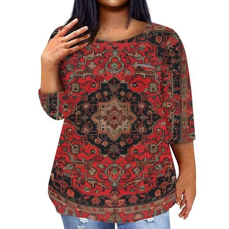 Qwertyu Womens 3/4 Sleeve Summer Tops Floral Print Round Neck Tunic Elbow Sleeves Fashion Stylish Cute Blouses Wine XL