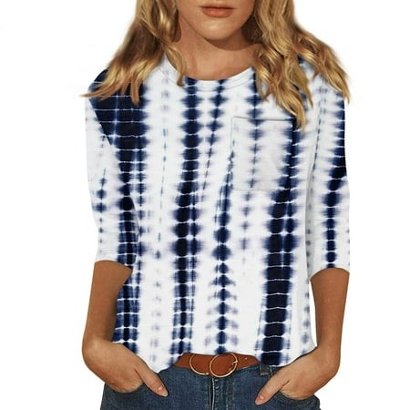 Qwertyu Womens Summer Tops 3/4 Sleeve Gradient Print Elbow Sleeves Tunic Round Neck Dressy Casual Fashion Comfy Blouses Navy 5XL