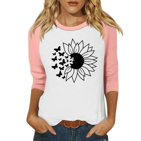 Qwertyu Womens Tops 3/4 Sleeve Sunflower Print Round Neck Shirts Elbow Sleeves Dressy Casual Fashion Comfy Blouses White 2XL