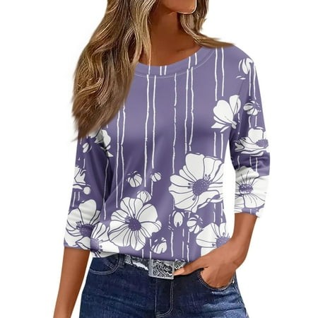 Qwertyu Womens 3/4 Sleeve Summer Tops Floral Print Elbow Sleeves Tunic Round Neck Comfy Summer Cute Blouses Light Purple XL
