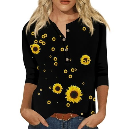 Qwertyu 3/4 Sleeve Tops for Women Henley Sunflower Print Shirts Three Quarter Sleeves Comfy Fashion Loose Fit Blouses Black XL