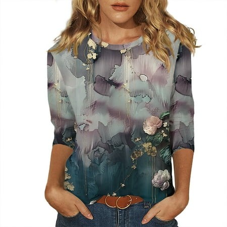 Qwertyu 3/4 Sleeve Tops for Women Elbow Sleeves Floral Print Tunic Round Neck Fashion Stylish Dressy Casual Blouses Dark Purple 2XL
