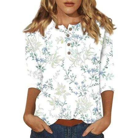 Qwertyu Womens Summer Tops 3/4 Sleeve Henley Floral Print Tunic Three Quarter Sleeves Stylish Fashion Summer Blouses White XL