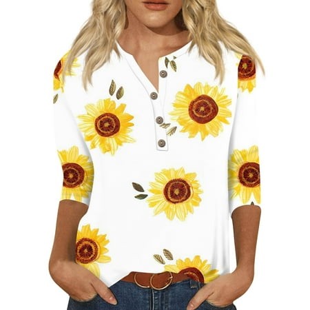 Qwertyu Womens Summer Tops 3/4 Sleeve Henley Sunflower Print T-Shirts Three Quarter Sleeves Loose Fit Cute Fashion Blouses White S