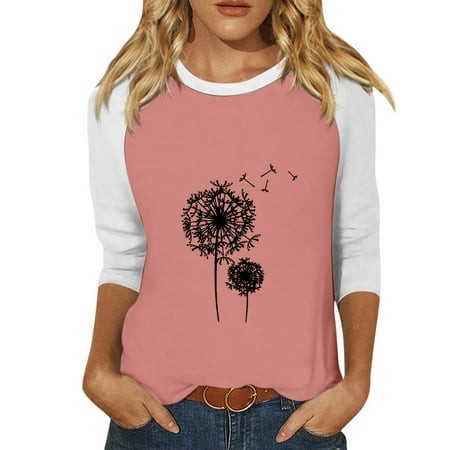 Qwertyu Women S 3/4 Sleeve Tops Dandelion Print Elbow Sleeves Shirts Round Neck Dressy Casual Stylish Summer Blouses Pink S