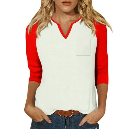 Qwertyu Womens 3/4 Sleeve Summer Tops Color Block Print V Neck T-Shirts Three Quarter Sleeves Stylish Loose Fit Fashion Blouses White L