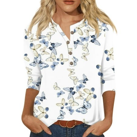 Qwertyu Womens Tops 3/4 Sleeve Henley Sunflower Print T-Shirts Three Quarter Sleeves Stylish Cute Loose Fit Blouses White 4XL