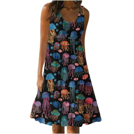 Cadancy My Orders Placed Tank Top Dress for Women Jellyfish Print Dress Women Empire Waist Babydoll Dress Airport Outfits for Women 2024 Milk Maid Sun