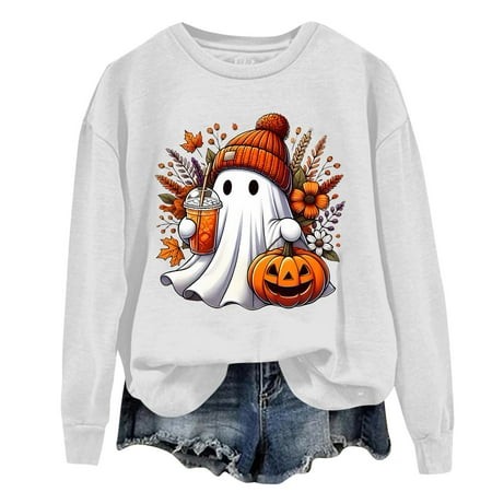 Halloween Sweaters for Women Ghost Graphic Plus Size Sweatshirt Pumpkin Round Neck Sweater Long Sleeve Pullover 2024 Trends Fashion Clothes Cozy Tops