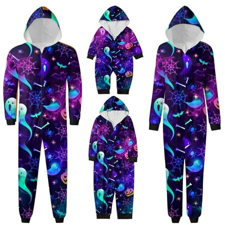 Cotton Holiday Halloween 2024 Pjs Crew Neck Long Sleeve Jumpsuit Pumpkin Ghost Skeleton Fall Graphic Holiday Pajamas