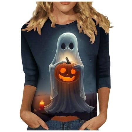 FAVIPT Womens 3/4 Sleeve Tops and Blouses 2024 Halloween Shirts Cute Funny Ghost Graphic Tee Crewneck Pumpkin Gift T Shirt Tunic Blouse Black M