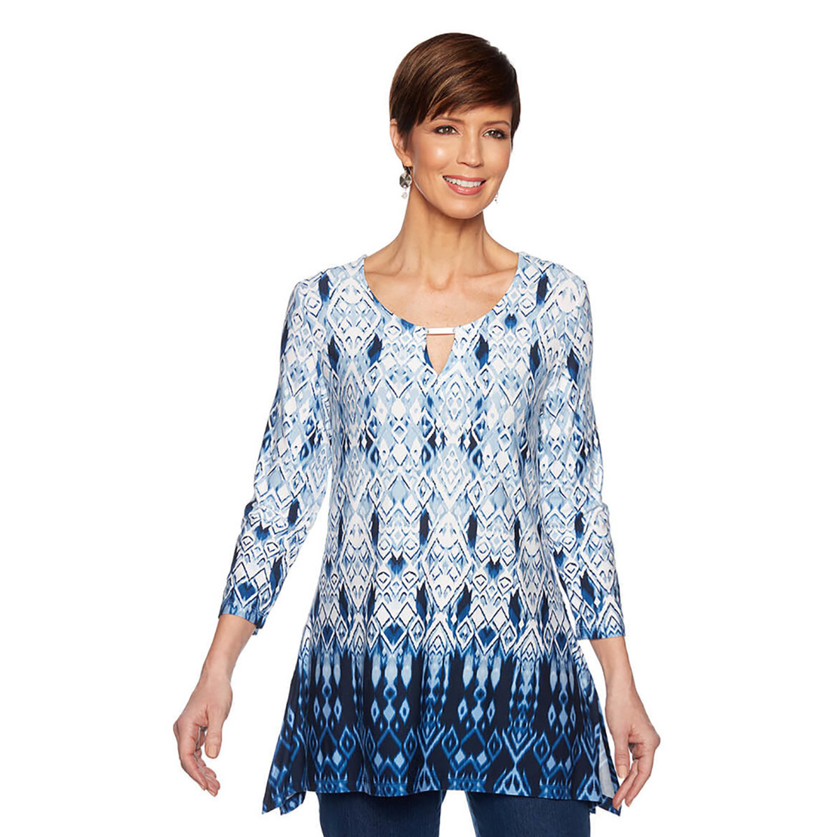 Petite Ruby Rd. Must Haves 3/4 Sleeve Ikat Keyhole Neckline Tunic