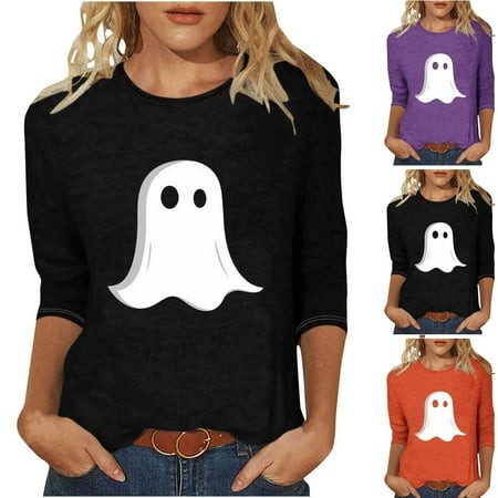 Jinhomg Cute Ghost Tshirt for Women Halloween Plus Size Long Sleeve Tunic Tops Casual Comfy Crewneck Holiday Pullovers Prime Day Deals Today 2024 Oran
