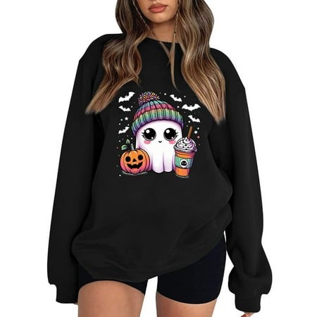 Halloween Sweaters for Women Ghost Graphic Oversized Sweatshirt Pumpkin Crew Neck Sweater Long Sleeve Pullover 2024 Trends Fashion Outerwear Comfy Top