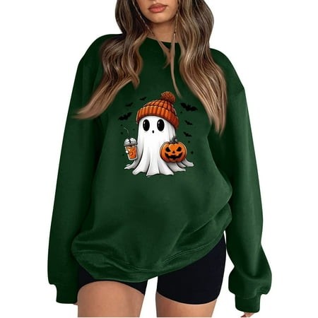 Halloween Sweaters for Women Ghost Graphic Oversized Sweatshirt Pumpkin Round Neck Sweater Long Sleeve Pullover 2024 Trends Fashion Clothes Baggy Top