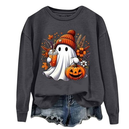 Halloween Sweatshirts for Women Ghost Graphic Plus Size Sweatshirt Pumpkin Round Neck Sweater Long Sleeve Pullover 2024 Trends Fashion Clothing Baggy 