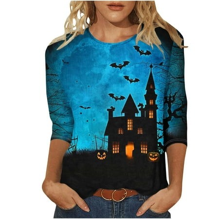 FAVIPT Women 3/4 Sleeve Tops Halloween Pumpkin Shirts Ghost Bat Graphic Tees Tops 2024 Workout Fall Crewneck Tshirt Multicolor XXL