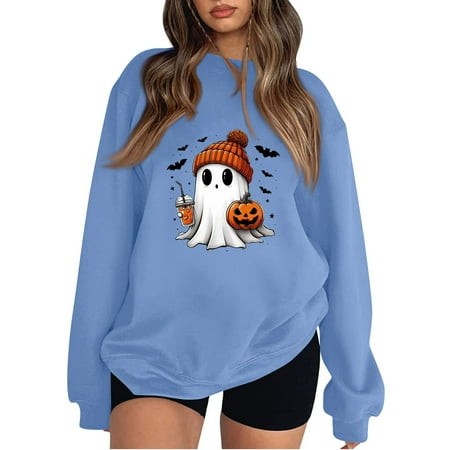 Halloween Sweatshirts for Women Ghost Graphic Oversized Sweatshirt Pumpkin Crewneck Sweater Long Sleeve Pullover 2024 Trendy Fashion Clothes Comfy Top