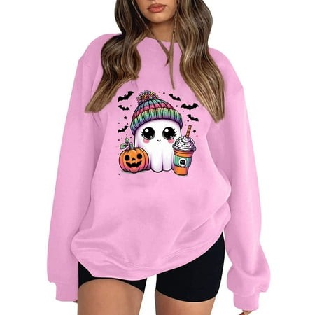 Halloween Sweaters for Women Ghost Graphic Oversized Sweatshirt Pumpkin Crewneck Sweater Long Sleeve Pullover 2024 Trendy Fashion Clothing Comfy Tops