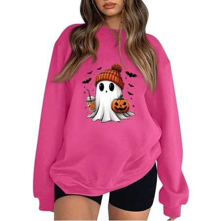 Halloween Sweaters for Women Ghost Graphic Oversized Sweatshirt Pumpkin Crew Neck Sweater Long Sleeve Pullover 2024 Trendy Fashion Outfits Cozy Tops