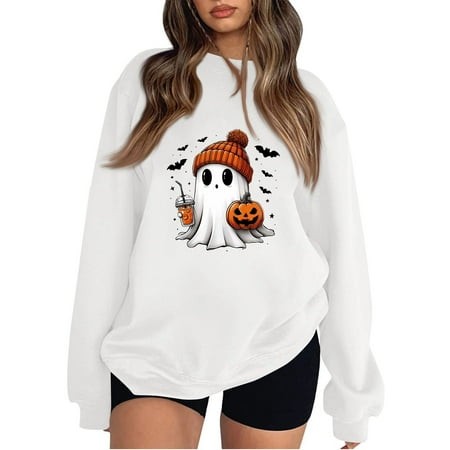 Halloween Sweaters for Women Ghost Graphic Oversized Sweatshirt Pumpkin Round Neck Sweater Long Sleeve Pullover 2024 Trendy Fashion Outfits Trending T