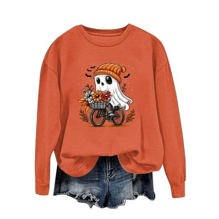 ZHAGHMIN Womens Casual Sweatshirts Halloween Ghost Pumpkin Graphic Fall Pullover Crewneck Long Sleeve Shirts Tops 2024 Striped Long-Sleeved Sweatshirt