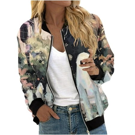 JURANMO Womens Long Sleeve Jackets 2024 Halloween Ghost Print Bomber Jacket Casual Full Zip Varsity Flight Jackets Deals of the Day Khaki M