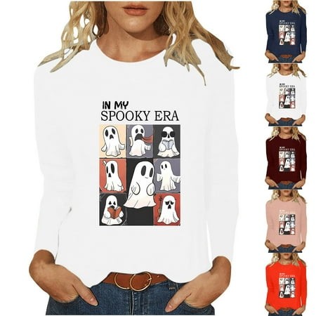 Jinhomg 2024 Halloween Shirt for Women Halloween Cute Ghost Cartoon Printed Tunics Casual Comfy Long Sleeve Crewneck Pullover Tops Lightning Deals of 