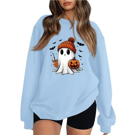 Halloween Sweatshirts for Women Ghost Graphic Oversized Sweatshirt Pumpkin Round Neck Sweater Long Sleeve Pullover 2024 Trendy Fashion Outfits Soft To