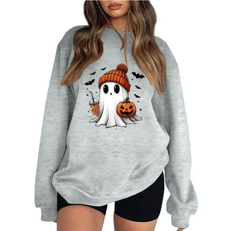 Halloween Sweaters for Women Ghost Graphic Plus Size Sweatshirt Pumpkin Crewneck Sweater Long Sleeve Pullover 2024 Trends Fashion Clothes Comfy Tops