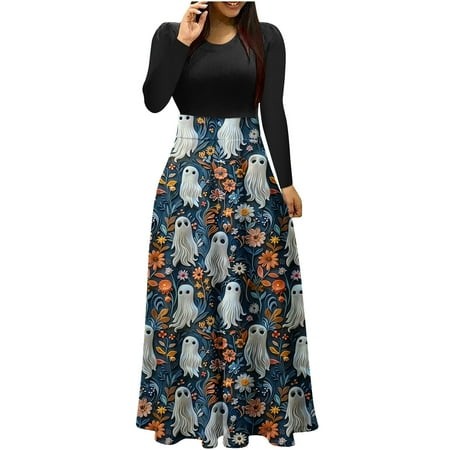 Women Halloween Vintage Dress Ghost Print Retro a Line Dresses 2024 Fall Long Sleeve Cocktail Party Dress