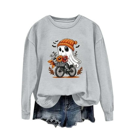 ZHAGHMIN Womens Casual Sweatshirts Halloween Ghost Pumpkin Graphic Fall Pullover Crewneck Long Sleeve Shirts Tops 2024 Sweatshirts Striped T Shirts Wo