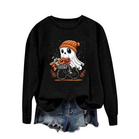 ZHAGHMIN Womens Casual Sweatshirts Halloween Ghost Pumpkin Graphic Fall Pullover Crewneck Long Sleeve Shirts Tops 2024 Women S Oversized Lightweight S