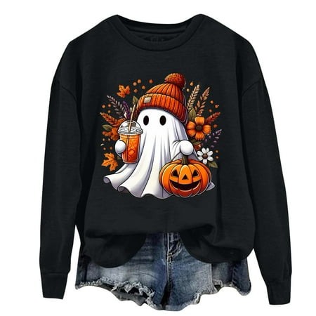 Halloween Sweatshirts for Women Ghost Graphic Plus Size Sweatshirt Pumpkin Round Neck Sweater Long Sleeve Pullover 2024 Trends Fashion Clothing Cozy T