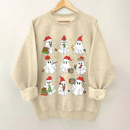 CFLVAEK Christmas Sweatshirts for Women 2024 Cute Xmas Ghost Graphic Sweatshirt Casual Round Neck Holiday Pullover Tops Loose Fit Crewneck Sweatshirts