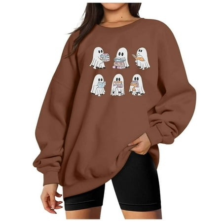 ZHAGHMIN Women Halloween Oversized Sweatshirt Cute Graphic Pullover Tops Ghost Print Crewneck Sweatshirts 2024 Fall Outfits Oversized Striped Short Sl