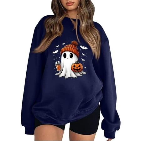 Halloween Sweatshirts for Women Ghost Graphic Plus Size Sweatshirt Pumpkin Crew Neck Sweater Long Sleeve Pullover 2024 Trendy Fashion Clothing Trendin