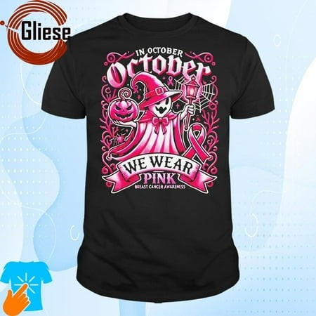 In October We Wear Breast Cancer Awareness Pink Ghost Witch Halloween 2024 Shirt
