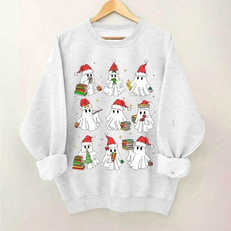 CFLVAEK Christmas Sweatshirts for Women 2024 Cute Xmas Ghost Graphic Sweatshirt Casual Round Neck Holiday Pullover Tops Loose Fit Crewneck Sweatshirts
