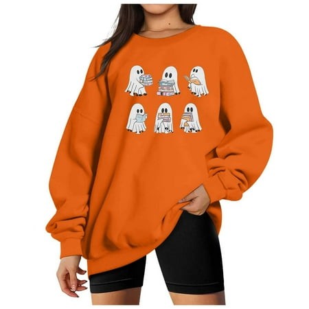 ZHAGHMIN Women Halloween Oversized Sweatshirt Cute Graphic Pullover Tops Ghost Print Crewneck Sweatshirts 2024 Fall Outfits Women Casual Oversized Swe