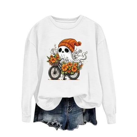 ZHAGHMIN Halloween Trendy Sweatshirts for Women Ghost Pumpkin Graphic Fall Pullover Crewneck Long Sleeve Shirts Tops Fall Sweatshirt 2024 Trendy White
