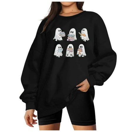 ZHAGHMIN Women Halloween Oversized Sweatshirt Cute Graphic Pullover Tops Ghost Print Crewneck Sweatshirts 2024 Fall Outfits Womens Oversized Crew Neck